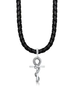 Kuzzoi Kette mit Anhänger »Herren Kreuz Schlange Leder Oxidiert 925 Silber«